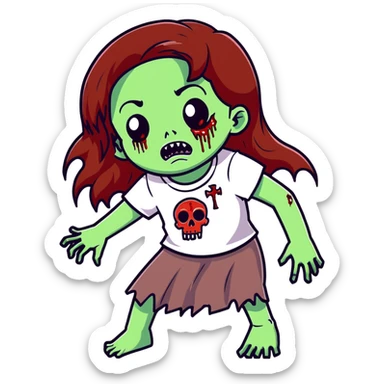 Girl zombie with long flowing brown hair, decaying pale green skin, and creepy undead expression sticker