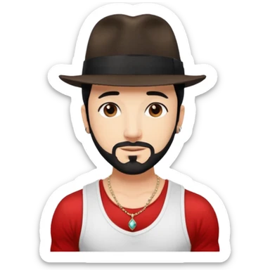 AJ McLean brown eyes, black hair, white tank top and fedora hat with necklace sticker