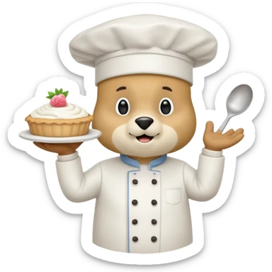 quiero un oso de pie con un delantal de pastelería y un gorrito de chef que una mano tenga una manga pastelera y este feliz divertido sticker