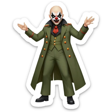 evil clown, bald, small black satan horns on forehead, fangs, pointed ears, eye patch over one eye, long coat over black and military green leisure suit with bellbottom pants, realistically proportioned, less bulky, full body, battle-ready fighting posture sticker