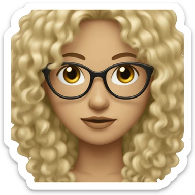 a girl with black glasses, green eyes, light skin and curly dark-blonde long hair with fringe sticker