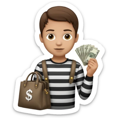 Un ladrón con camisa de rayas blancas y negras mirando hacia la frente con una bolsa de dinero  sticker