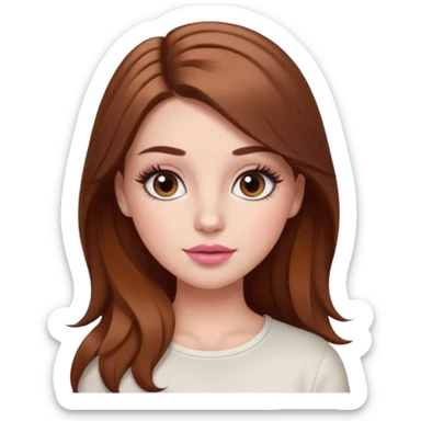 white girl with long brown hair with caramel highlights wearing a white top. Blush on the cheeks and big eyelashes and a brown-pink lip combo  sticker