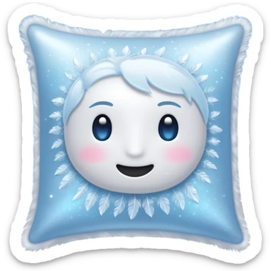 magical ethereal pillow emoji, shimmering with cool silver and icy blue light, surrounded by soft airy feathers and tiny sparkles, with a soothing frost aura sticker