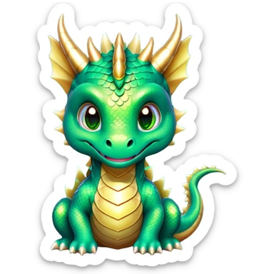 Cinematic Cute Dragon Portrait Emoji, Head tilted playfully and inquisitively, featuring a sleek, serpentine form adorned with iridescent scales that shift between emerald and gold, a delicate set of subtle horns, and round, sparkling eyes full of curious magic; rendered with realistic detail and warm natural light, high shine, affectionate and enchanting, styled with a touch of whimsical fantasy, soft glowing outline, capturing the essence of a mischievous yet lovable dragon that seems poised to slither playfully into your arms! sticker