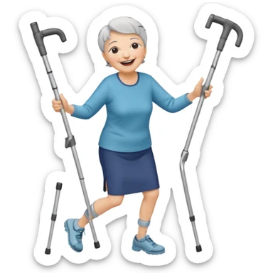 elderly woman with pants, short grey hair, laughing and dancing th crutches sticker