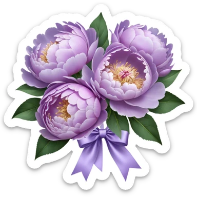 "A hyper-realistic bouquet of light purple peonies, freshly bloomed, tied with a luxurious satin ribbon in a soft lavender shade. The petals are delicate and slightly ruffled, with subtle color gradients ranging from pale lilac to deep violet. The bouquet is placed on an elegant marble tabletop with a vintage-style mirror reflecting its beauty. Soft natural light enhances the intricate textures of the flowers, casting gentle shadows."
 sticker