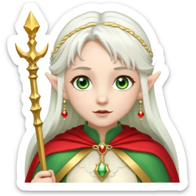 an elf with very white hair and two long PONYTAILS/pigtails on the side of her head, she has a curtain bang, green eyes, she has a white cape with golden borders and a scepter with a red orb, she has earrings that look like red drops sticker