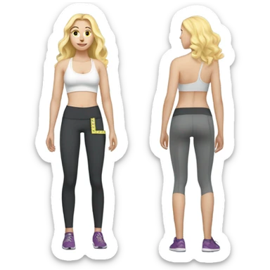 Woman, white skin, pale skin, long hair, blonde hair, wavy hair, standing, sports bra, leggings, tape measure wrapped around waste sticker