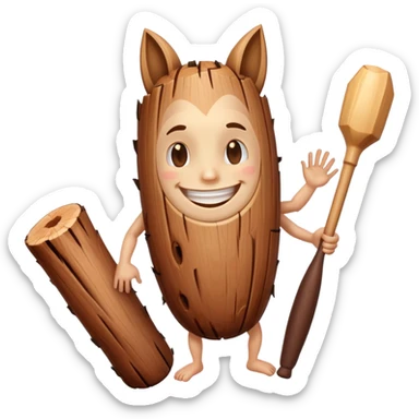 a brown wooden log with legs and arms and feet and a human face smiling with a wooden bat in its left hand  sticker