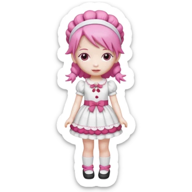 Isolated detaile illustration of the most modern raspberry torte doll figurine full body with pink hair and a hairband sticker