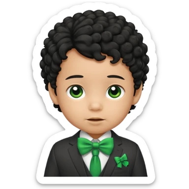 baby boy curly black hair in suit, with green bow sticker
