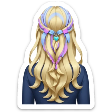 a girl facing backwards so that her hair is showing, long hair that is wavy. she has her hair in a style of half-up-half-down with a small claw-clip securing the hair of the head where the hair strands meet. hair is a platinum blonde color and dark blonde highlights.  sticker