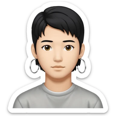 asian male with a black middle part with a kpop mullet and silver hoop earrings sticker
