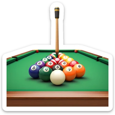 A close-up of a billiard table with a cue stick lined up to strike a colorful set of balls. The focus is on the precision of the shot, with the table’s green surface and the triangular arrangement of balls, creating a dynamic scene of strategy and concentration in the game of billiards. sticker