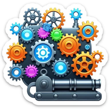 A whimsical content factory powered by AI, where ideas are turned into digital masterpieces, gears and conveyor belts moving with glowing social media icons, futuristic and colorful. sticker