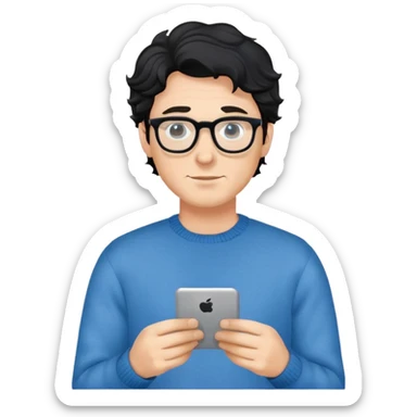 Caucasian man with black wavy hair wearing glasses and a long sleeve blue sweater sticker