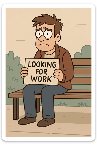 a worried man sitting on a bench with a 'looking for work' sign, flat toon style sticker