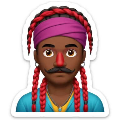 big lose braids starting from the top of the head man with mustache face wiith big visible braids and mono color headband on head  face and braids as big as headband and lots and lots of face tattoos colored tattoos like a tattoo artist hair unique color sticker