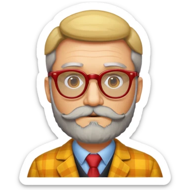 Un profesor calvo, que tenga barba abundante, lleva gafas con el cristal de color amarillo y un abrigo de cuadros rojo sticker