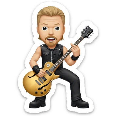 Create a bold and energetic emoji representing James Hetfield with his iconic guitar. The design should feature James Hetfield holding his famous ESP Explorer guitar, known for its sharp, angular body shape. The emoji should convey a sense of power and energy, with James positioned in a strong, rockstar pose, playing with passion. Add subtle elements like a microphone stand, amplifier, or stage lighting to reflect the live performance vibe. Use dark, metallic colors like black, silver, and red, reflecting the heavy metal aesthetic. The background should be transparent. sticker