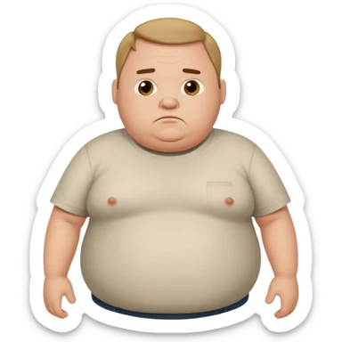 a cartoon fat man holding his stomach wearing t shirt, while looking confused?  sticker