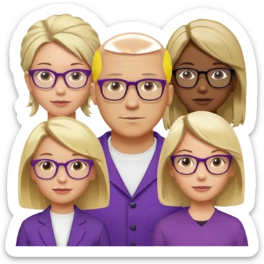 FIVE person team; 2 men and 3 women.  All dressed in yellow or purple.  
1 caucasian woman with blonde mid length hair
1 caucasian woman has ash blonde hair tied up.  
1 man is African-american and bald
1 man is caucasian and very little hair left.  
All have glasses sticker
