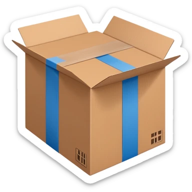 brown shipping box exactly like in the photo, with strong blue tape in H-shape on top, perspective slightly from above, clear and simple sticker