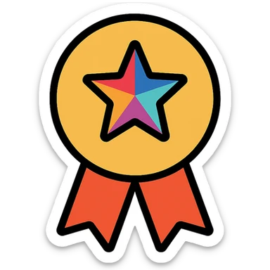 gold must have symbol with multicolor details, elegant minimalist flat design, award badge style, 2D flat vector, trending icon look, soft shadows, no text, isolated on white background, commercial use sticker