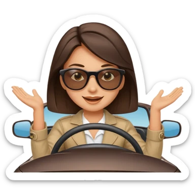 Brunette driving car like crazy. Happy face confidence  sticker