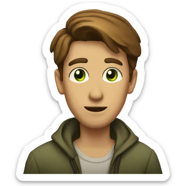 a light-skinned green-eyed man with brown hair sitting in front of the paper scroll  sticker