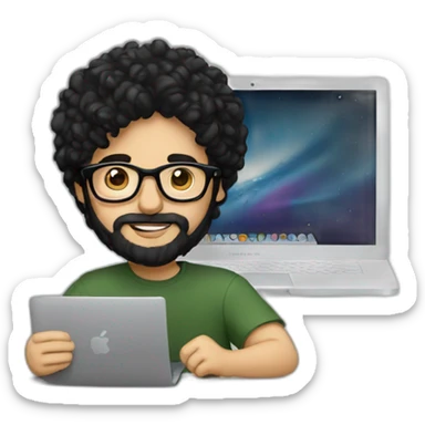 Designer with black hair, beard and glasses working with MacBook and drinking cappuccino  sticker