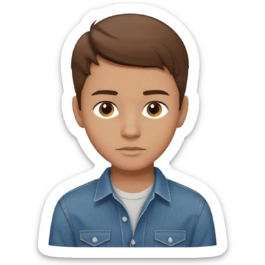 chico con tupe moderno hacia delante castaño, con los ojos marrones vestido con camisa y vaqueros que sea adolescente  sticker