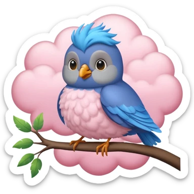 8K, 5000x5000px, Still life, Hyper realistic vivid, ultra detailed Grey and blue color cute bird with layered feathers, sitting in a lush tree. In front of a fluffy pink cloud. No emoji icons, no human figures, ultra realistic, very detailed, 3D rending. Transparent background  sticker