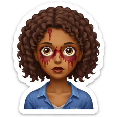 Faça uma garota zombie de cabelo cacheado castanho, olhos castanhos escuro e pele parda com o cabelo menos volumoso e no ombro sticker
