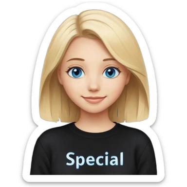 a new character a girl with shoulder length blonde hair wearing black clothes and wearing a cheeky smile she has blue eyes her black sweater has an emo style badge remove the badge and instead add the words special sticker
