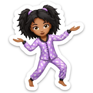 generate a pretty bratz brown skinned girl with messy black hair in pyjamas dancing in room sticker