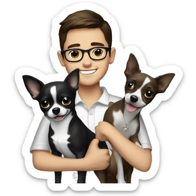 smiling brunette boy with jewelry and eyeglasses indoors and black & white chihuahua dog sticker