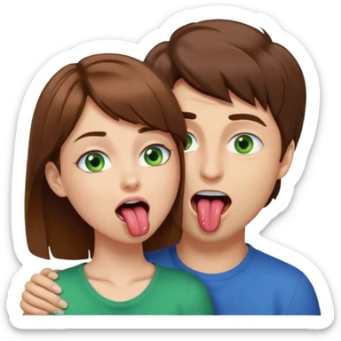 Brown hair, blue eyed male is facing down as he spits in the mouth of brown hair, green eyed female whose on her back, facing up, while she has her tongue out and looks happy. sticker