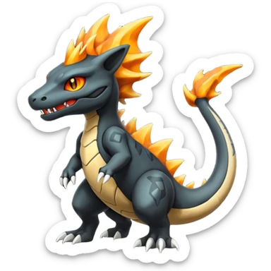Magmatic fiery badass cool obsidian-Black and golden-orange Helioptile-Marowak-Salamence-Fakémon-hybrid-creature (full body)  sticker