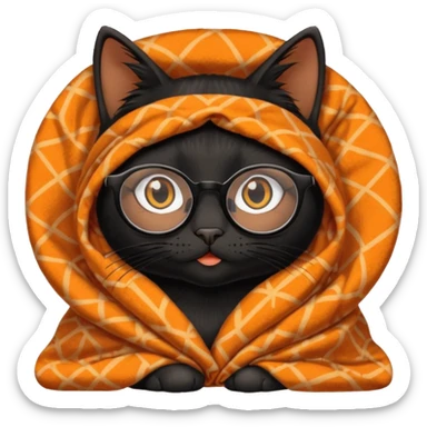 Black female cat on computer, long eyelashes, straight black hair, round glasses and she wears a blanket with an orange pattern sticker