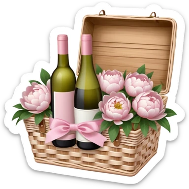 White Picnic basket with light pink bow and white peonies inside and a pink wine bottle sticker