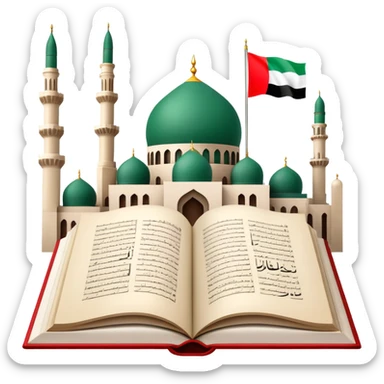 An icon featuring the mosque and the big flag of United Arab Emirates, symbolizing the Arabic language. The design includes an open book with Arabic script and calligraphy, representing language learning and cultural heritage. Transparent background sticker