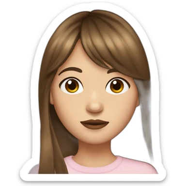 long brown hair skinny girl with curtain bangs, thin face and makeup from head to chest sticker