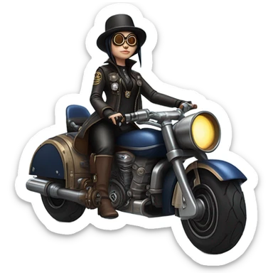 Bounty hunter Wednesday Addams Jedi wearing a pair of navy-blue rimmed steampunk goggles, hat, leather chaps, fringe jacket riding a relaxed sci-fi 3 wheeled steampunk electric motorcycle with large fenders and saddlebags in desert town  sticker