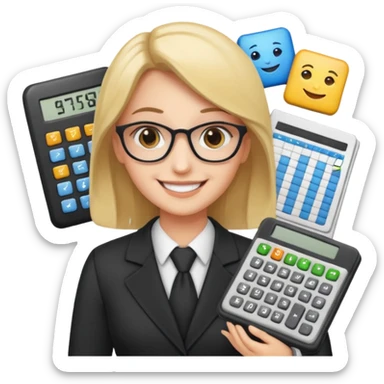 aUDITOR smiling with spreadsheet and a calculator, emoji, ADD A puzzle and a Balance for accounting sticker