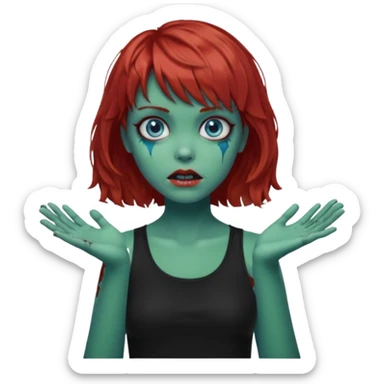 Zombie girl emoji with short red hair and bangs. Blue eyes, green skin, and a black top Her hair is slightly wavy and she has her hands outstretched in front of her.  sticker