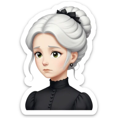 A Victorian woman with simple yet elegant coiffed white hair and light eyes wearing a modest unadorned monochrome black turtleneck mourning dress with puff sleeves looking down with a forlorn expression sticker