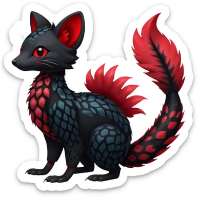 Feral Rare Fantasy shiny soft fuzzy furry vibrant tropical obsidian-black and crimson-red Vernid-Trico-species-creature by LiLaiRa, random markings, tufted tail, tufted ears, full body with markings sticker