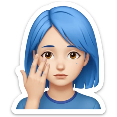 Woman with hand over face with blue hair sticker